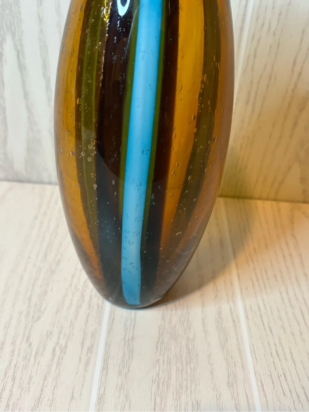 Pier 1 Amber Glass Vase with Blue Stripe Bubble Glass